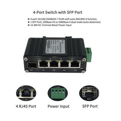 Unmanaged Din Rail Media Converter 4 Port 10/100/1000T 6W 48VDC