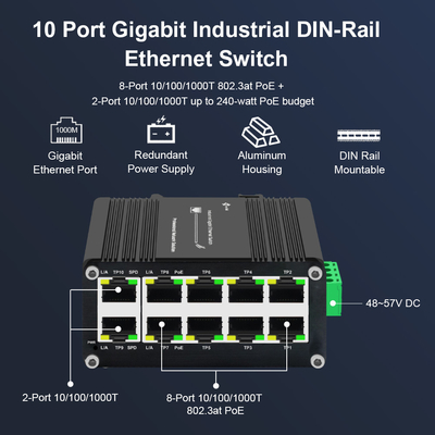 10 Port Unmanaged PoE Switch 8 Port 10/100/1000T 802.3at To 2-Port Gigabit RJ45 Uplink